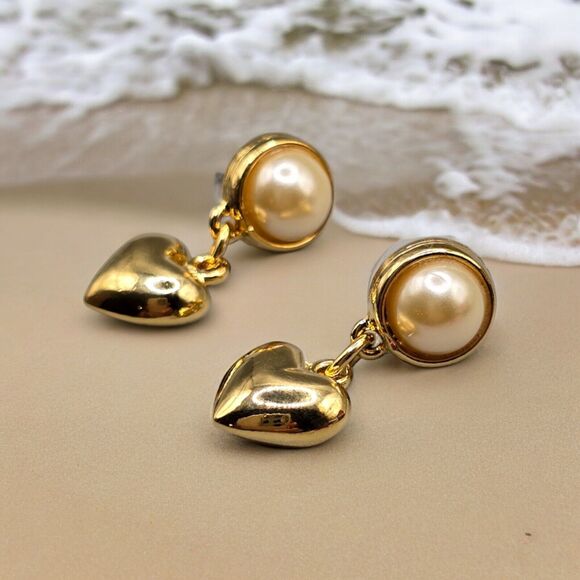 Pierced Heart Pierced Earrings Imitation Pearl Dangle Style Gold Tone Charming - Picture 1 of 8